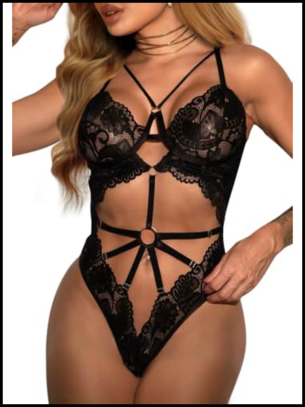Sheer Lace Bodysuit Cut Out Deep V Neck Strappy Teddy Lingerie for Women
